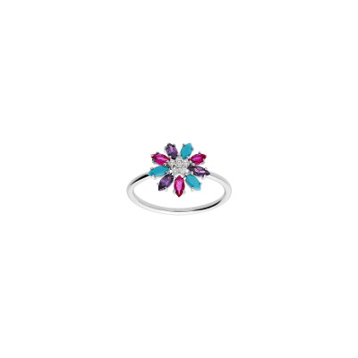 Bague fleur en argent rhodié et oxydes de zirconium, taille 54