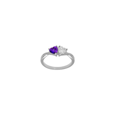Bague double cœur en argent rhodié et oxyde de zirconium, taille 56
