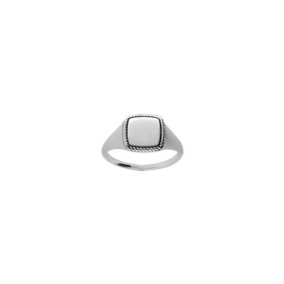 Chevalière carrée contour perlé en argent rhodié, taille 60