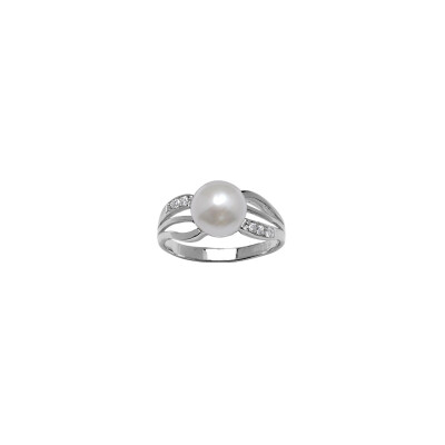 Bague en argent rhodié, perle d'imitation et oxydes de zirconium, taille 56