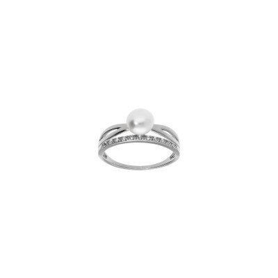 Bague en argent platiné, perle d'eau douce et oxydes de zirconium, taille 54