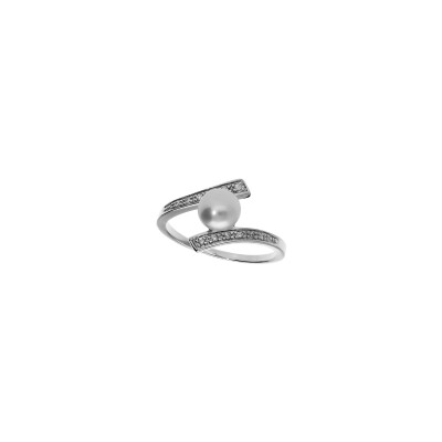 Bague en argent platiné, perle d'eau douce et oxydes de zirconium, taille 56