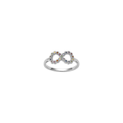 Bague motif infini en argent rhodié et pierres de couleurs, taille 54