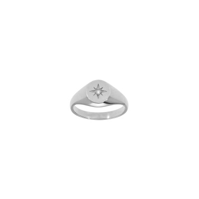Chevalière forme ovale en argent rhodié et oxyde de zirconium