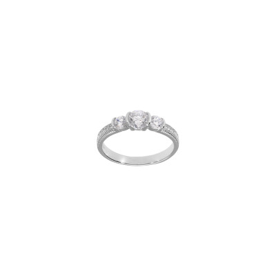 Bague trilogie en argent rhodié et oxydes de zirconium, taille 52