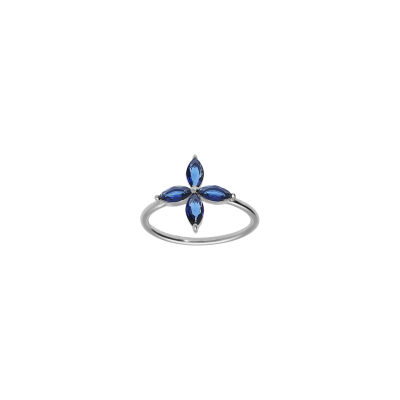 Bague fleur en argent rhodié et verre bleu