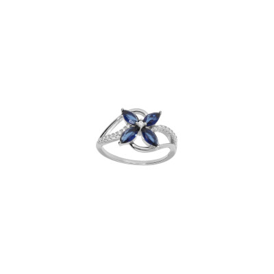 Bague fleur en argent rhodié, verre bleu et oxydes de zirconium, taille 56