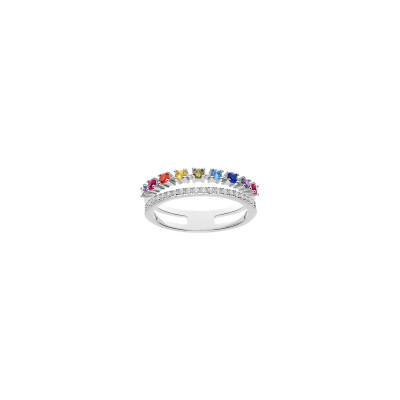 Bague double en argent rhodié et oxydes de zirconium, taille 56
