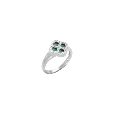 Bague trèfle en argent rhodié, malachite et oxydes de zirconium, taille 56