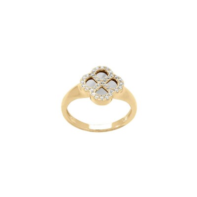 Bague trèfle en argent doré, nacre et oxydes de zirconium