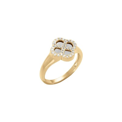 Bague trèfle en argent doré, nacre et oxydes de zirconium