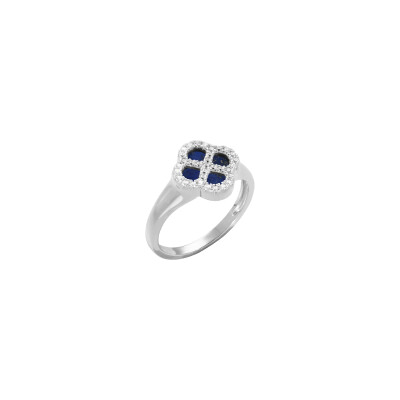 Bague trèfle en argent rhodié, verre bleu et oxydes de zirconium, taille 54