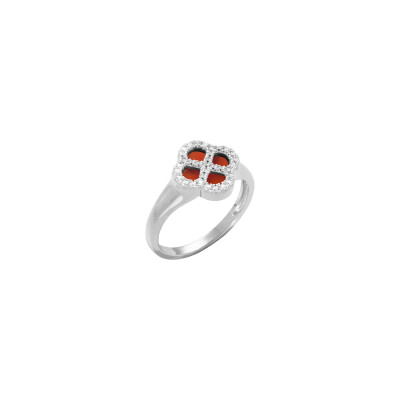 Bague trèfle en argent rhodié, agate rouge et oxydes de zirconium, taille 56