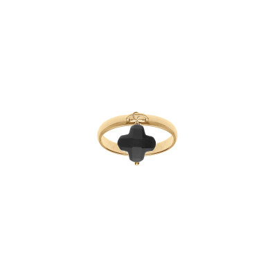 Bague trèfle en argent doré et verre noir, taille 50