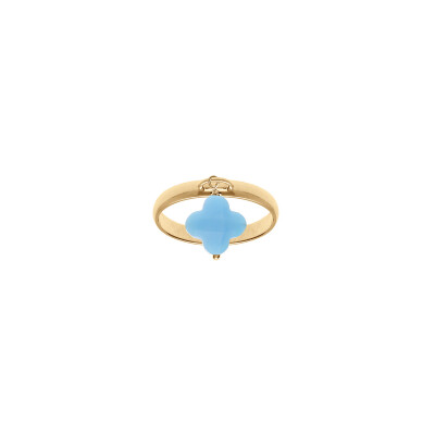 Bague trèfle en argent doré et verre bleu ciel, taille 58