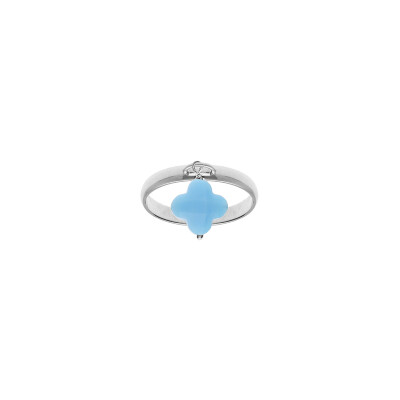 Bague trèfle en argent rhodié et verre bleu ciel, taille 54
