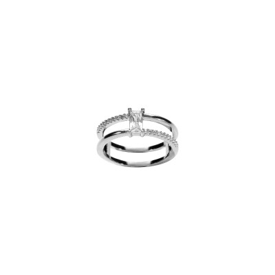 Bague double rangée rectangle en argent rhodié et oxydes de zirconium, taille 54