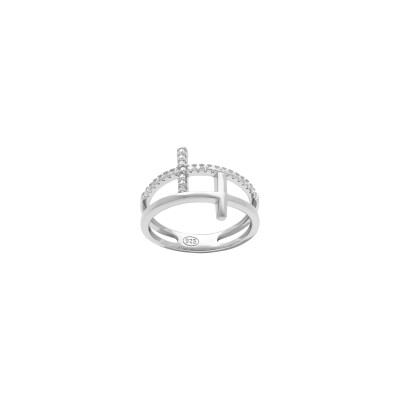 Bague 2 rangs en argent rhodié et oxydes de zirconium, taille 56