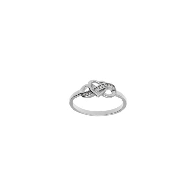 Bague infini et cœur en argent rhodié et oxydes de zirconium, taille 56