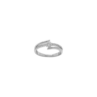 Bague solitaire double rangs en argent rhodié et oxydes de zirconium, taille 54