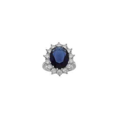 Bague en argent rhodié, pierres bleues et blanches, taille 56