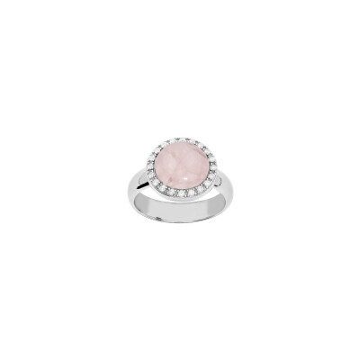Bague en argent rhodié, quartz rose et oxydes de zirconium, taille 56