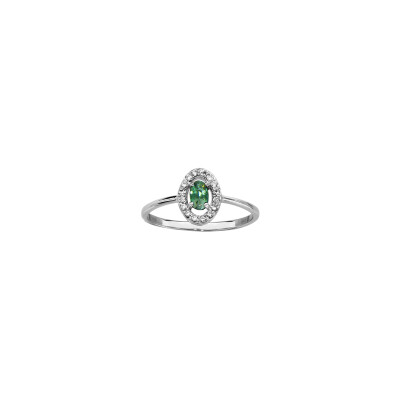 Bague en argent rhodié, verre vert et oxydes de zirconium