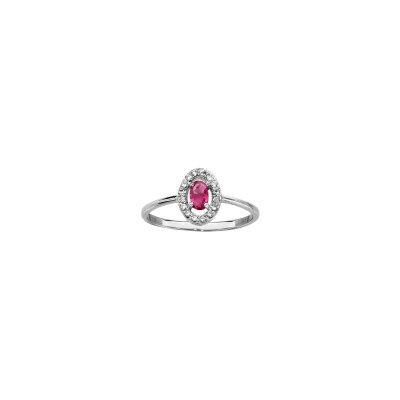 Bague en argent rhodié, pierre fushia et oxydes de zirconium, taille 54