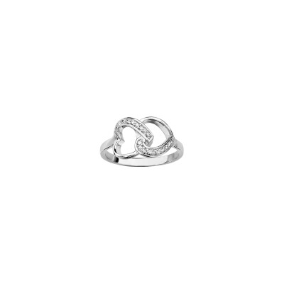 Bague double coeur superposés en argent rhodié et oxydes de zirconium, taille 56