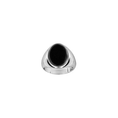 Chevalière plateau ovale en argent rhodié et onyx, taille 62
