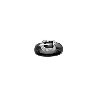 Bague en argent rhodié, céramique noire et oxydes de zirconium, taille 52