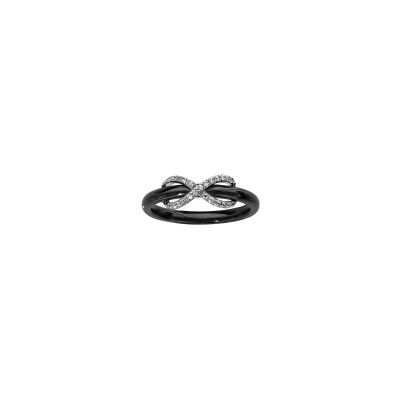 Bague en argent rhodié, céramique noire et oxydes de zirconium, taille 50