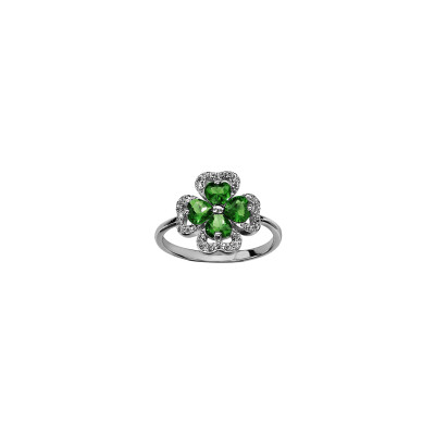 Bague trèfle en argent rhodié, pierres vertes et oxydes de zirconium, taille 54