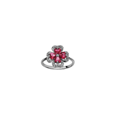 Bague trèfle en argent rhodié, pierres rouges et oxydes de zirconium, taille 54