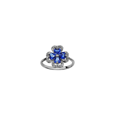 Bague trèfle en argent rhodié, pierres bleues et oxydes de zirconium, taille 54
