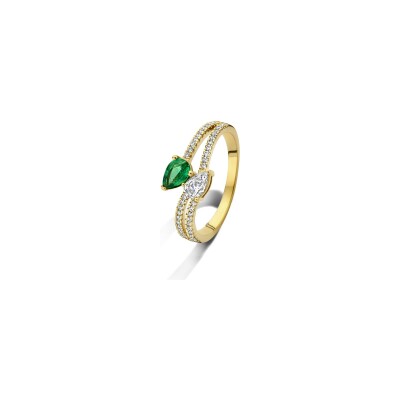 Bague en or jaune, diamants et émeraude