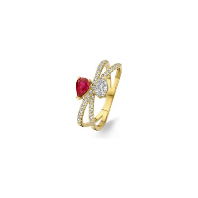 Bague en or jaune, diamants et rubis