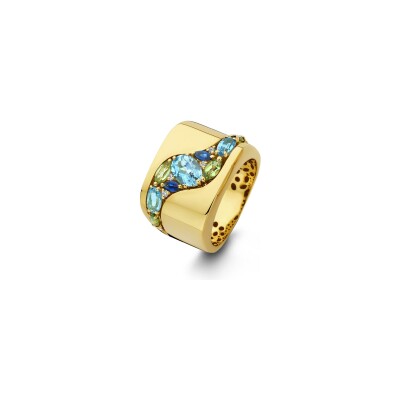 Bague en or jaune, diamants, tourmaline verte, saphir et topaze bleue