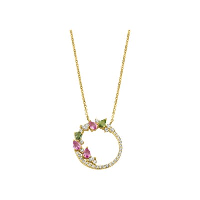 Collier en or jaune, diamants, saphir rose et saphir vert