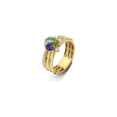 Bague en or jaune, diamants, iolite et tourmaline bleue et verte