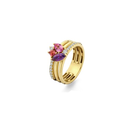 Bague en or jaune, améthyste, tourmaline rose, saphir rose et diamants