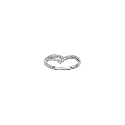 Bague forme V en argent rhodié et oxydes de zirconium, taille 54