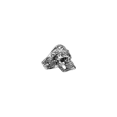Bague tête de mort en argent et pierres noires
