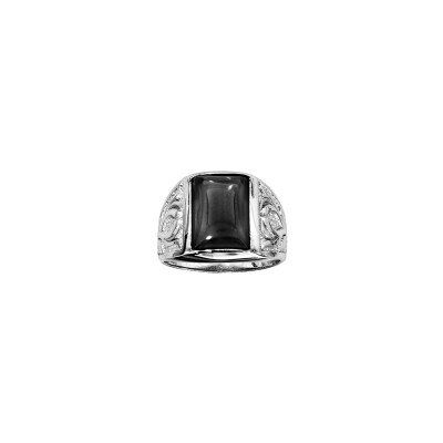 Bague en argent rhodié et agate noire, taille 60
