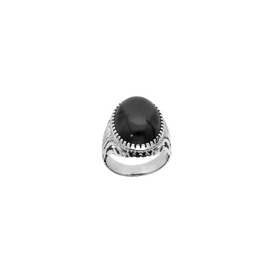 Bague en argent rhodié et agate noire