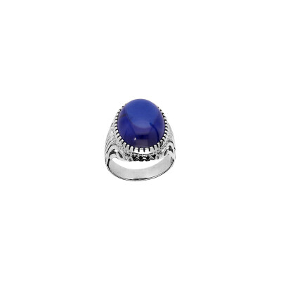 Bague en argent rhodié et pierre bleue