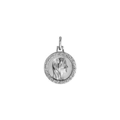 Pendentif rond 16 mm Vierge contour sertis en argent rhodié et oxydes de zirconium