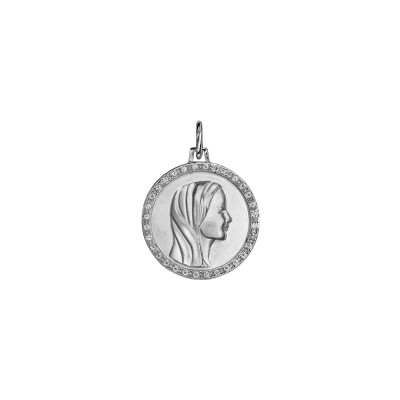 Pendentif rond 20 mm Vierge contour sertis en argent rhodié et oxydes de zirconium