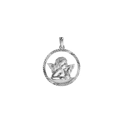 Pendentif rond Ange contour ajouré diamanté en argent rhodié