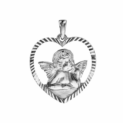 Pendentif argent rhodié cœur ange contour ajouré diamanté